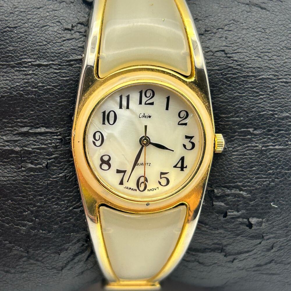 Collezier Two-tone Mother Pearl Dial Women’s Cuff Watch Working New Battery